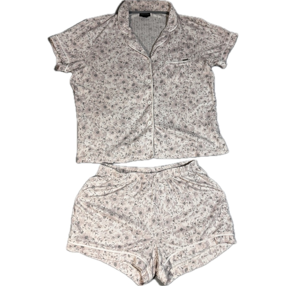 Tahari Pajama Set Womens Medium Purple Floral Ribbed Knit Button Top Shorts 2pc